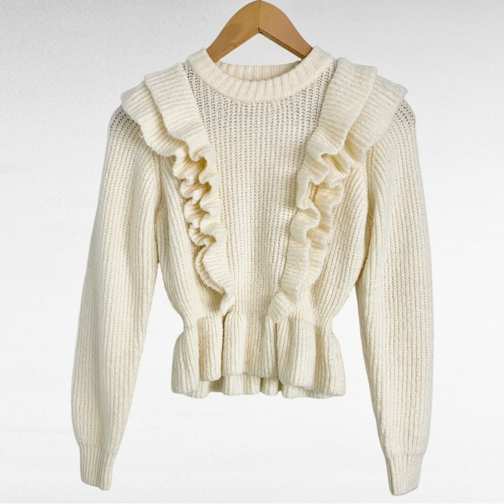 Greylin | Cream White Contemporary Crew Neck Ruffled Chest Peplum Hem Sweater